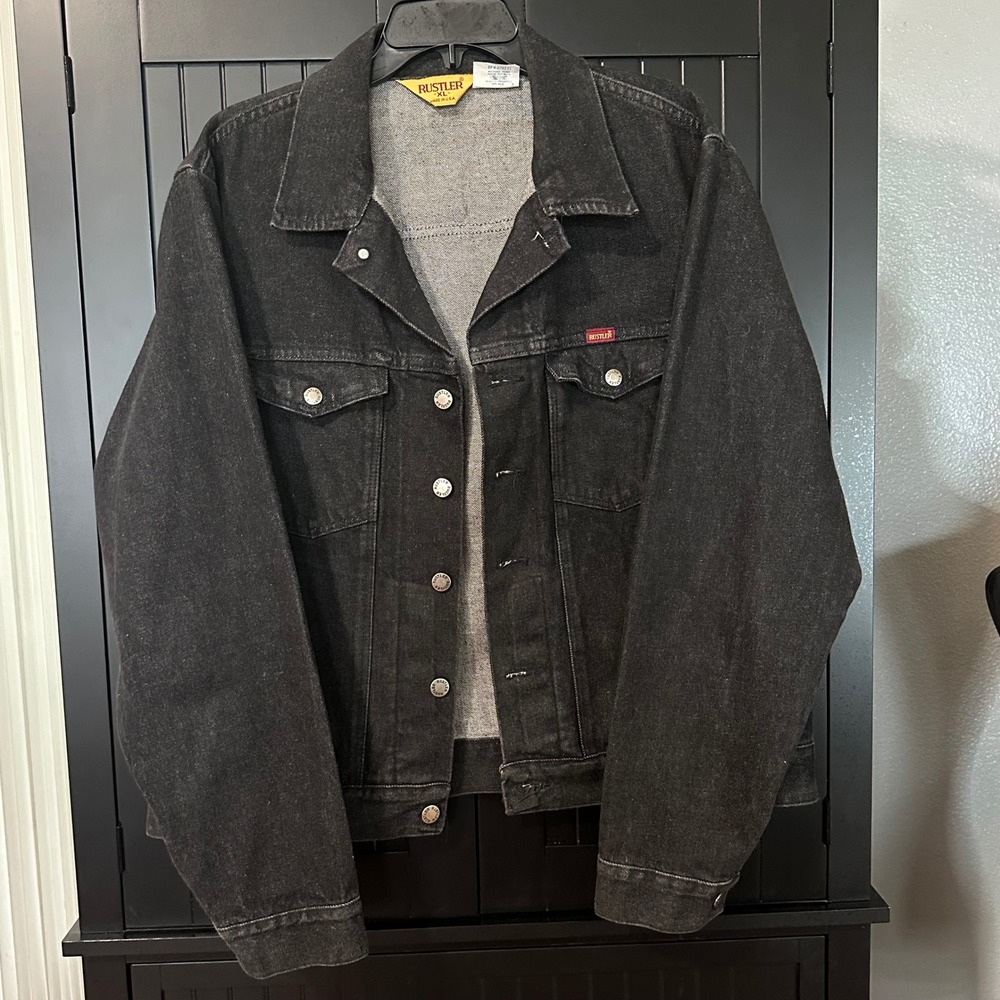 VTG Rustler Black Denim Trucker Jacket XL USA Cotton Y2K Classic Streetwear